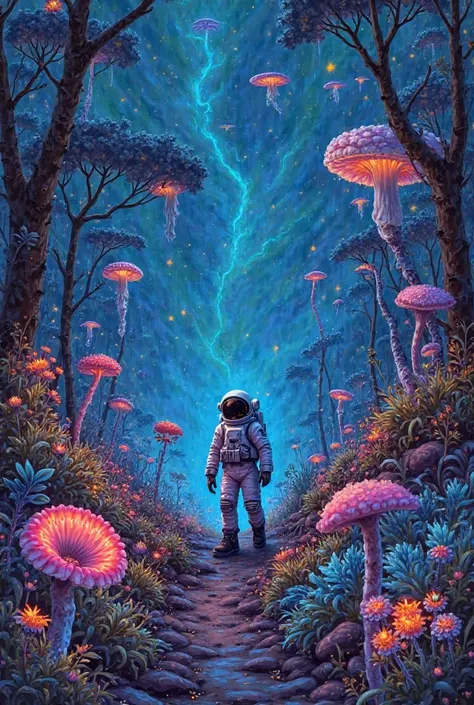 ultra detailed illustration of an astronaut lost in a magical world of wonders, bright and bioluminescent plants, Fungus, an impressive environment from another planet, incredibly detailed and brilliant colors, hand-painted strokes, visible strokes ,  oil ...