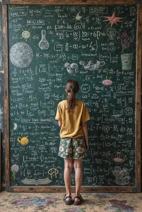 Absurd formulas written on a blackboard, with some silly drawings,