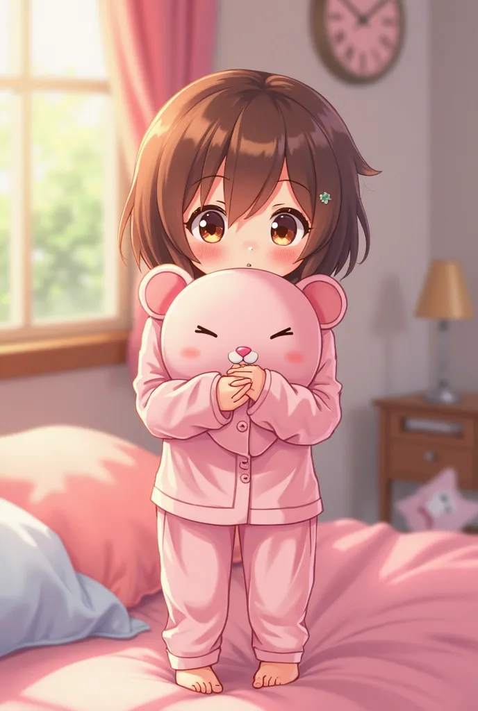 Cute thirteen year old brown haired girl in pink pajamas standing in her bedroom, her pink bed is behind her, she is holding her pink pillow against her chest (anime version)