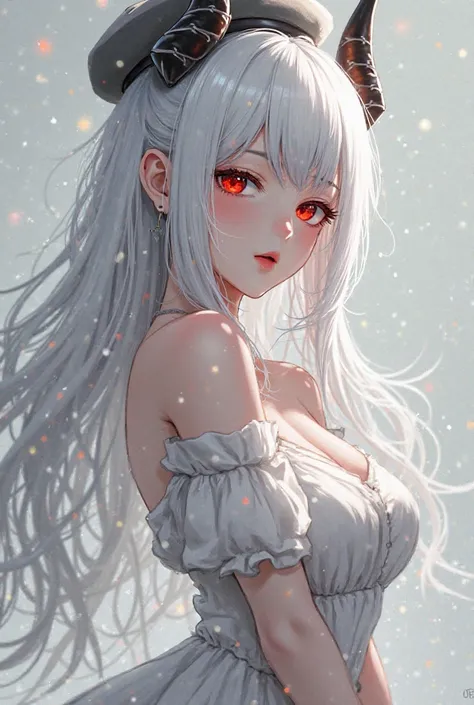  a girl, high resolution,  breasts, looking at the viewer, Bangs,  Simple background , red eyes, Animal ears,  very long white hair , Horns,  From the Side , beret, white dress