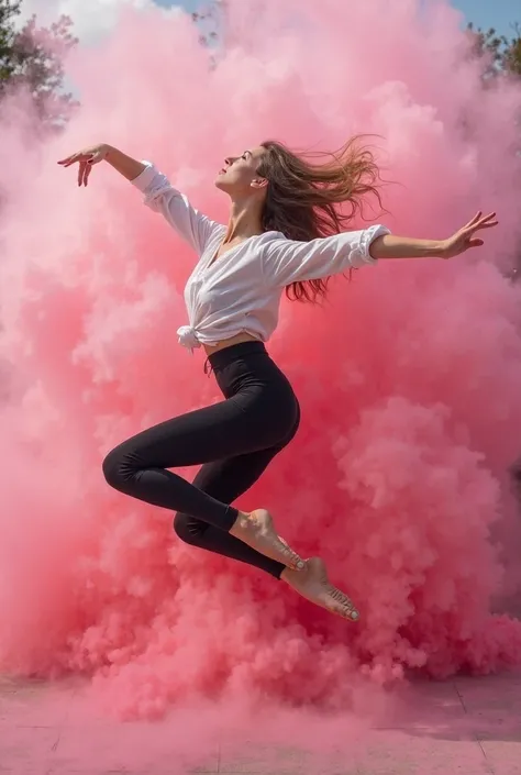 arafed woman in black leoper pants and white shirt jumping in front of a pink cloud of powder, dynamic dance photography, modern dance aesthetic, colored photography, playful pose of a dancer, stunning action poses, contemporary dance, dancing gracefully, ...