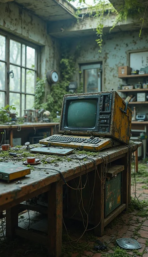 A modern computer , broken, On a table, Destroyed laboratory, moss