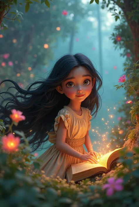 Pixar,Withe girl, black long hair, fantasy , kindle