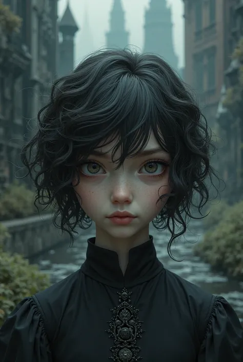 An avatar of a , with short curly dark brown hair, Big Eyes and Dark Castle, short 