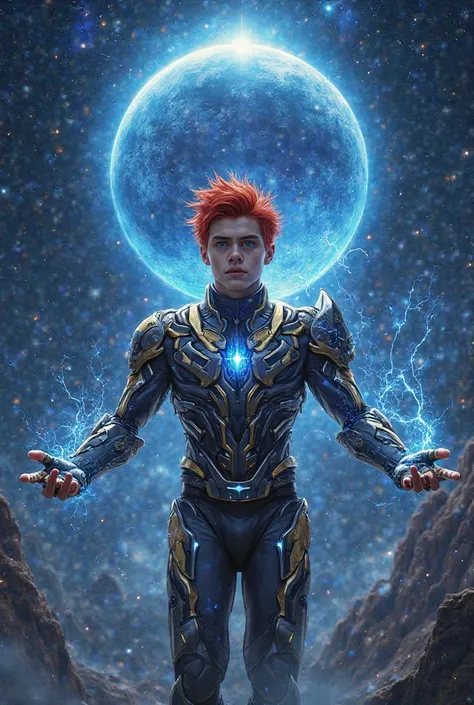 Prompt for Cover Photo:

A young youth about 21-24 with a matured look, and well built body, spiky red hair and deep blue eyes floats in space, hands slightly out spread with a Godlike look, he is clad in sleek mechanical armor streaked with gold and silve...