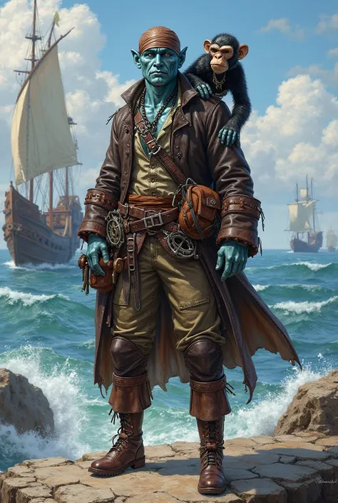 dnd character vedalken race artificer pirate with metal monkey