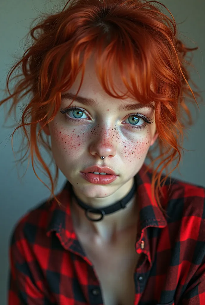 A young girl, beautiful, pale skin with lots of freckles , blue eyes, redhead,  curly short hair ,  nose piercing, dark makeup, dark jeans red checkered shirt,  Realistic