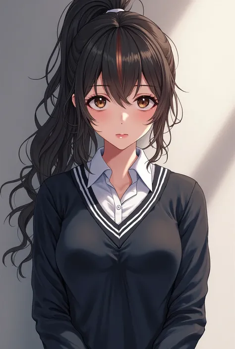 Create an image of girl, tall, with brown eyes, with slightly curly dark hair down to her hips with a medium white bun in a long ponytail, and she has dyed the center of her hair in light brown. He wears a school uniform with a white shirt and a dark sweat...