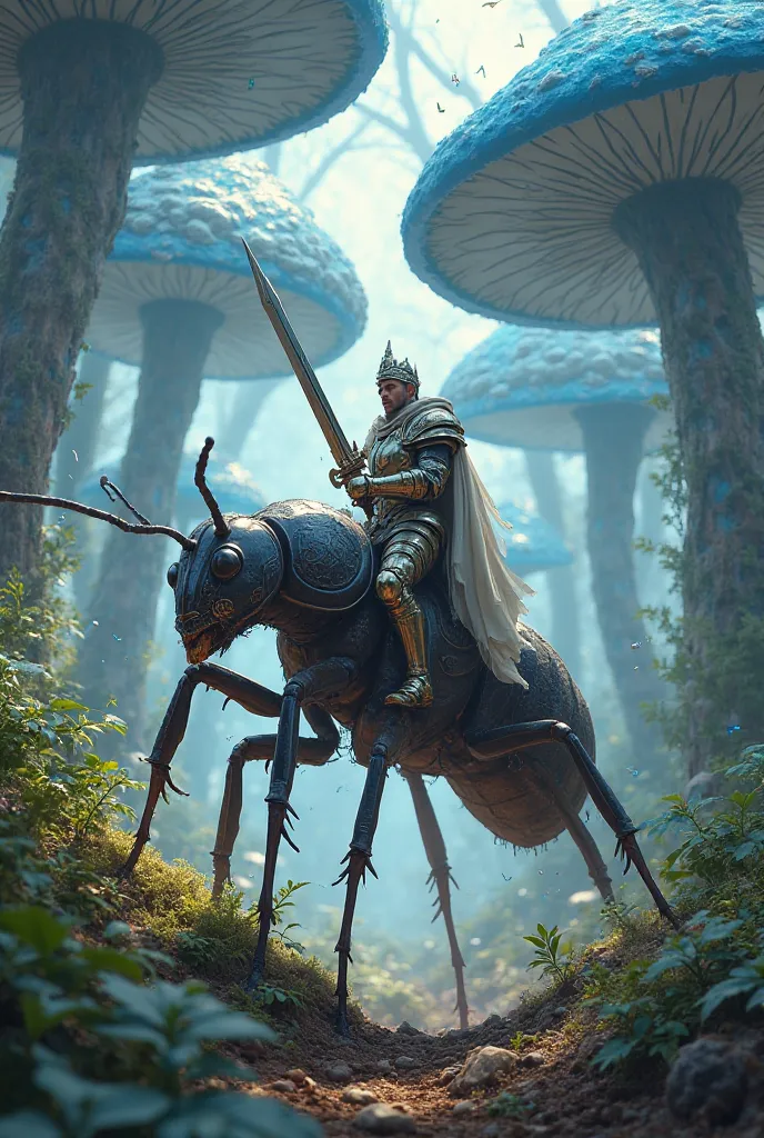 Knight riding a giant ant, in a fantasy forest of giant blue mushrooms 