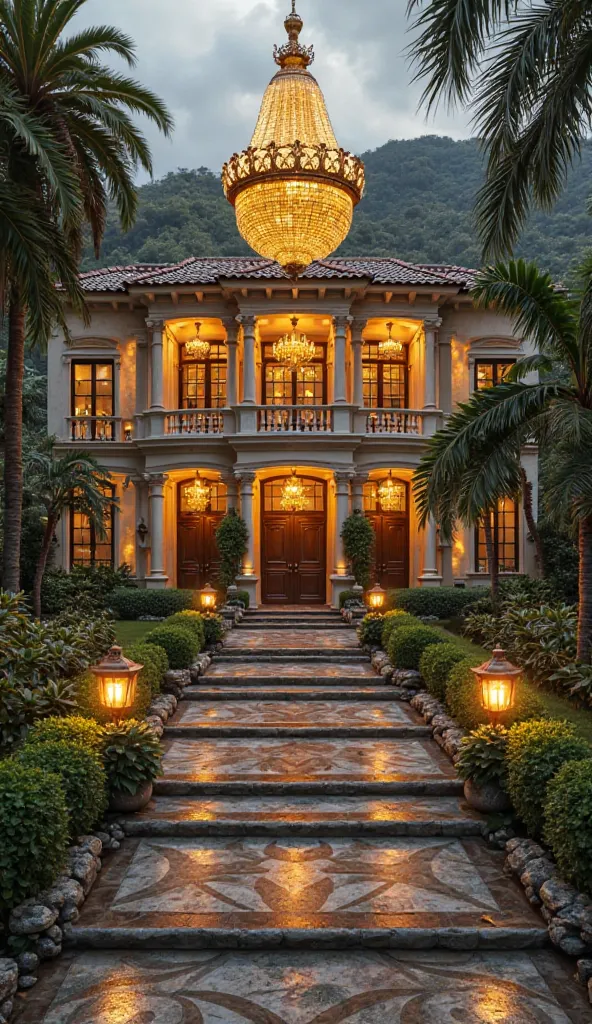 A luxurious estate in Medellín, with golden chandeliers, exotic animals in the garden, and stacks of cash piled up in a secret vault.