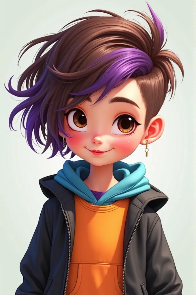 Une image de dessin animé d'une fille au cheveux d'un côté très court et de l'autre court, Chestnut with purple locks, with brown eyes, with an orange and blue sweatshirt and a black jacket