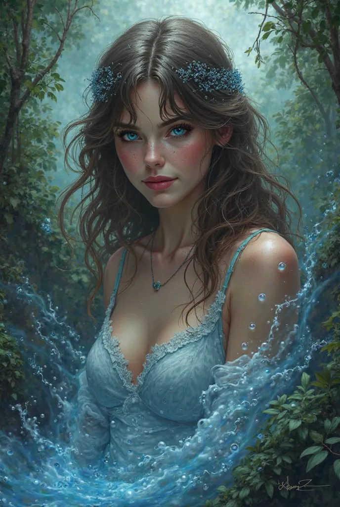 A beautiful witch that has water spells, brown hair with bangs and blue eyes