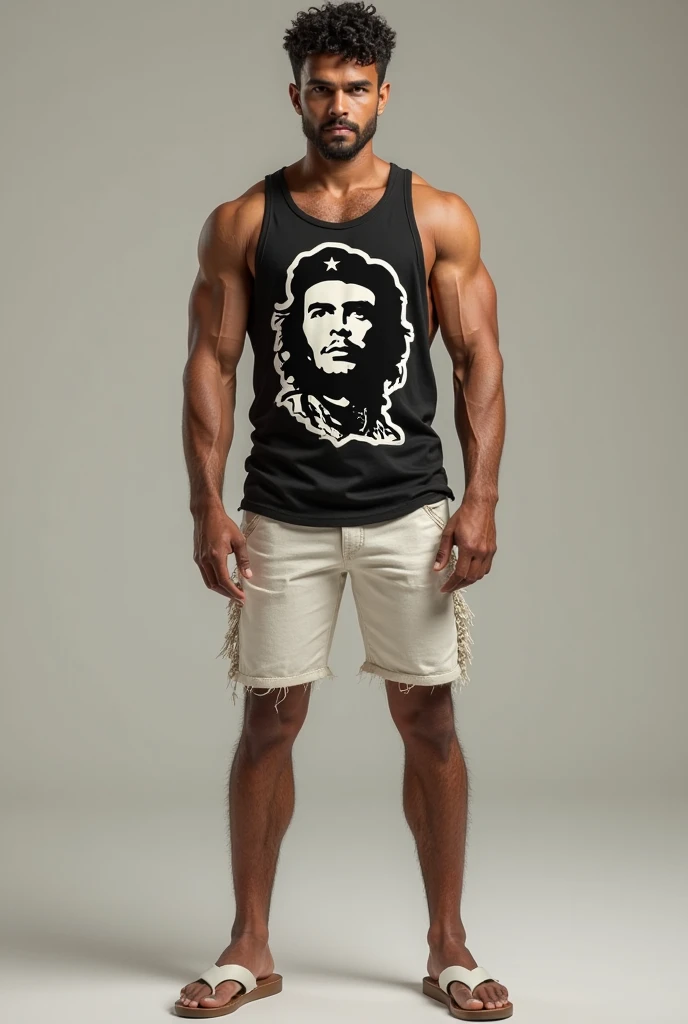 Tanned skin man.
short curly-haired.
Black Sleeveless Tank Top, with Che Guevara Print.
Short tactel longo,  White , with details of Regge.
Chinelos  White s.
 Ultra-mega-realistic  