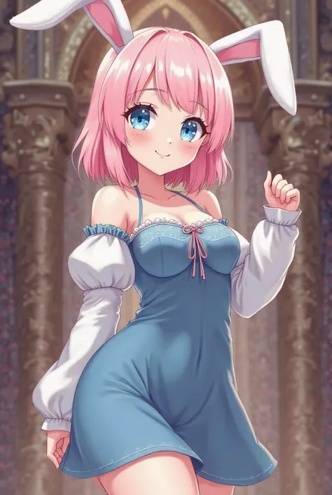 generate an image for me, anime style a cute medival bunny human character with babypink waivy short hair with straight bangs and round sparkly blue eyes, curvy body a bit big hips and with a blue tight short dress long, human with bunny tail and loose whi...