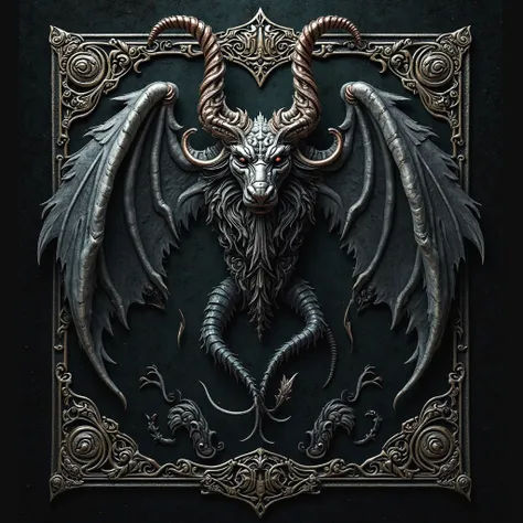 An ancient mythological creature shrouded in a dark aura, with intricate Gothic details. The beast has twisted horns, bright eyes and torn wings, with ornamental watermarks surrounding its figure. The background is deep black with subtle arcane patterns, e...