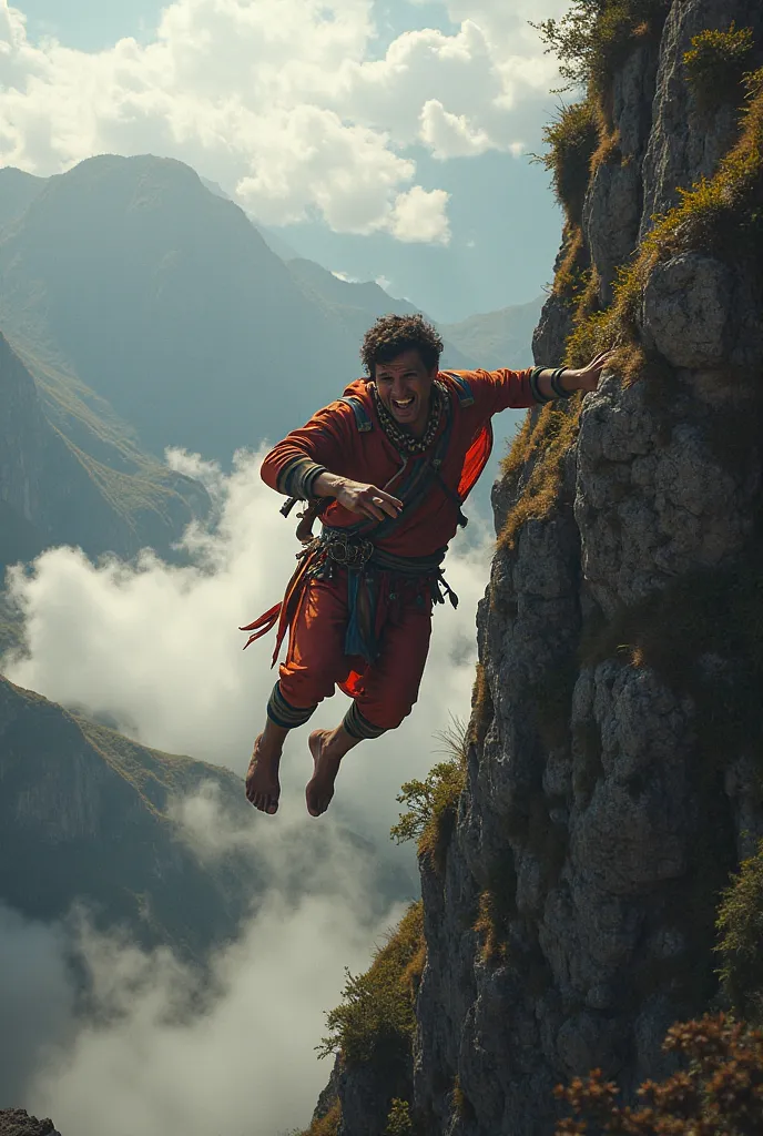 "A snap, the messenger of the Inca Empire, dressed in traditional clothes of vibrant colors, falls from the top of a steep mountain. His face reflects terror as he struggles to maintain balance. The mountain is rugged, surrounded by low clouds and Andean v...