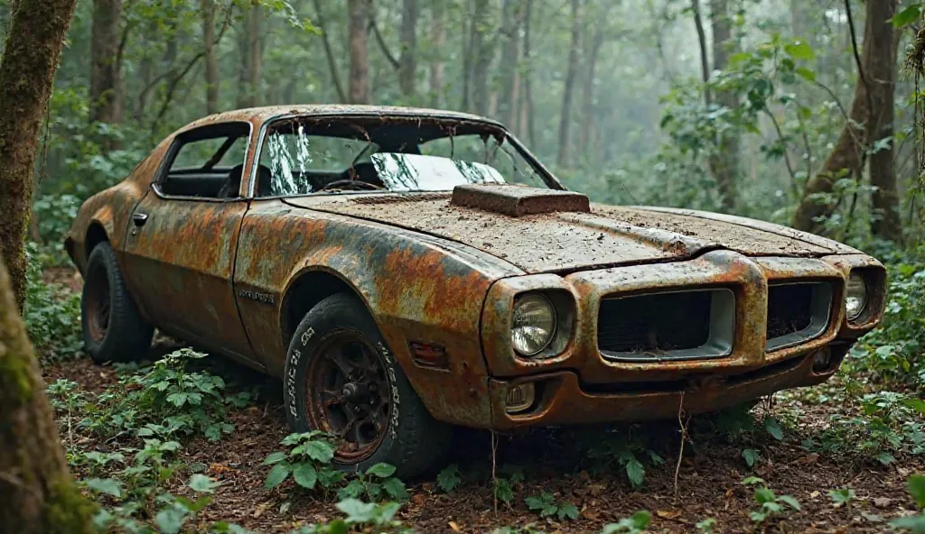 Create a highly engaging YouTube thumbnail for a video about the restoration of a 1970 Pontiac Firebird. The thumbnail should feature the car in a completely abandoned and rusty state, sitting deep in a jungle with overgrown grass, vines, and trees partial...