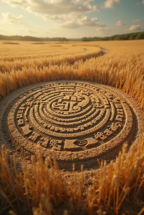 An 8K UHD image of a crop circle with patterns resembling ancient symbols or hieroglyphs, symbolizing a connection to the past. The scene is vibrant and intriguing, with detailed textures of the wheat and the ancient patterns. The background is soft and bl...