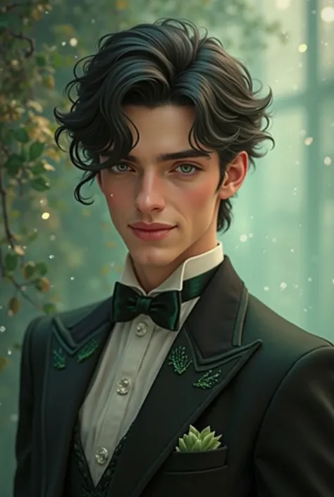 Boy of 20 years old prince in a black suit and green touches, white teas and black hair, super friendly and cute, sexy but at the same time adorable and cute with a super cute appearance.