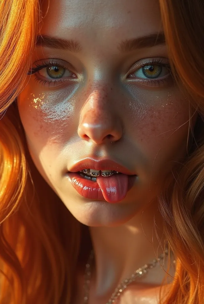 glistening skin covered with a glossy see through oil, female girl natural lips, very long ginger hair, face close up, braces, big wide eyes, mouth slightly open,tongue