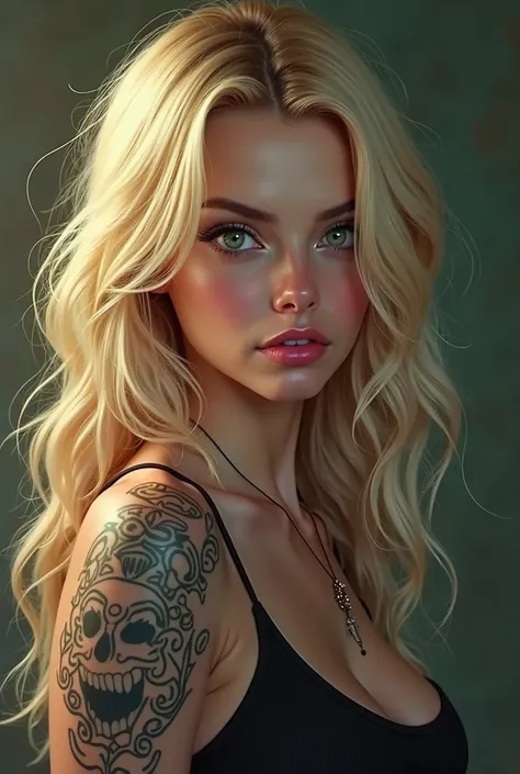 Emo woman blonde hair green eyes, a black top, with tattoos,  realistic art style ,  portrait of Rossdraws , portrait of art germ,  realistic art style , realistic digital art 4k, realistic digital art 4k, german art bokeh 8k,  DeviantArt Artstation CGScos...