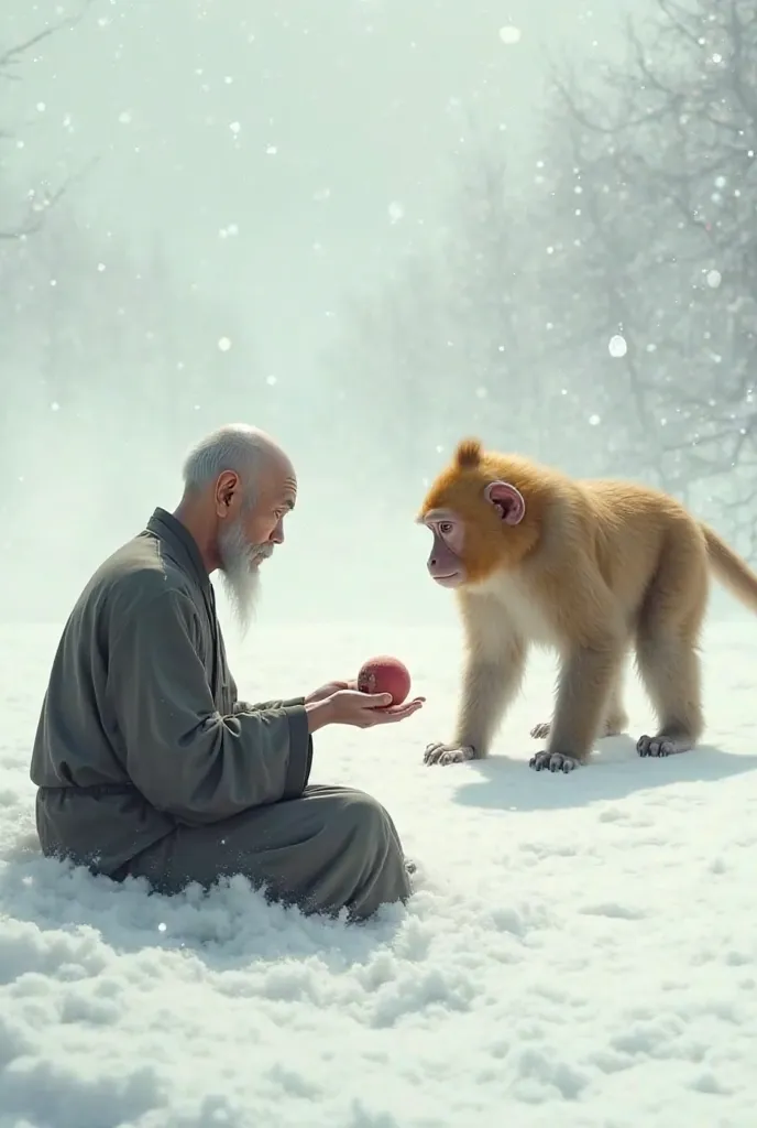 CHINESE BALD OLD WANG SITTING IN THE SNOW HOLDING A BUD BALL FACING A BIG GOLDEN MONKEY IN THE SNOW