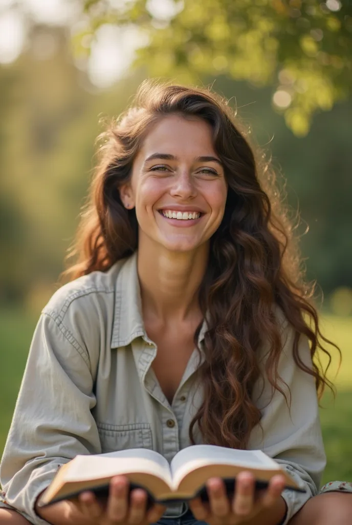 a young woman smiling in a tranquil outdoor environment, with an open Bible in front of it. The typography is well balanced:The overall tone is welcoming, inspiring and conveys faith, highlighting the overcoming of anxiety.