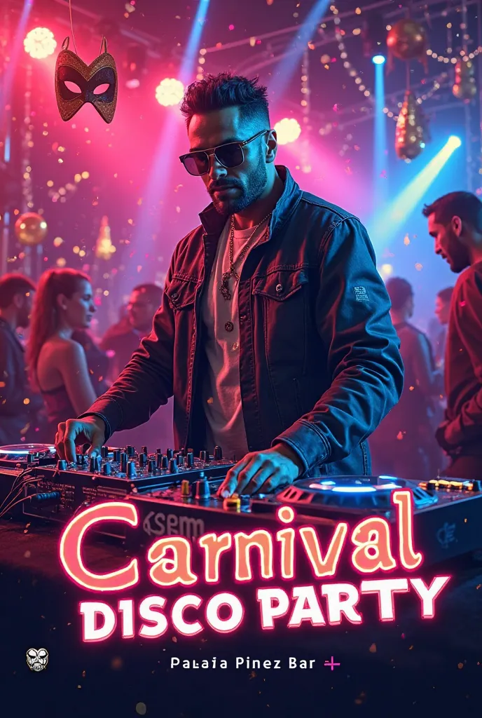 create an image for a dj carnival disco party event The following text should be clearly displayed in a stylish, eye-catching font: 
🎭 Carnival Disco Party
📍 Palaia Pineza Bar
📅 01/03/25
🎧 DJ Vangelis