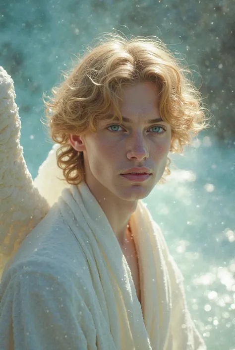 A man with medium curly hair tied in the color of gold eyes the color of the sea, angelic face, Innocent blonde eyebrows, white clothes,  white skin, thin nose