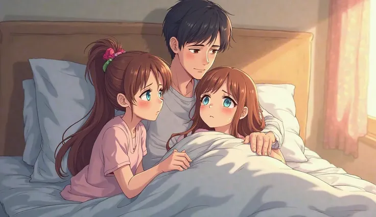 Anime-style illustration of a sick mother lying on a bed, looking weak and frail. She has gentle features and kind eyes, showing love for her family despite her illness. Cinderella, a 25-year-old beautiful girl with long brown hair (no ponytail or hairband...