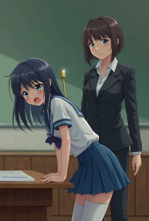 realistic  sexy 12-year sailor mercury long blue heir in high school uniform and long white stockings, bending over a wooden desk in an office, skirt lifted up, red welts on her bare bottom, her face pleading and eyes brinming with tears. Her face turning ...