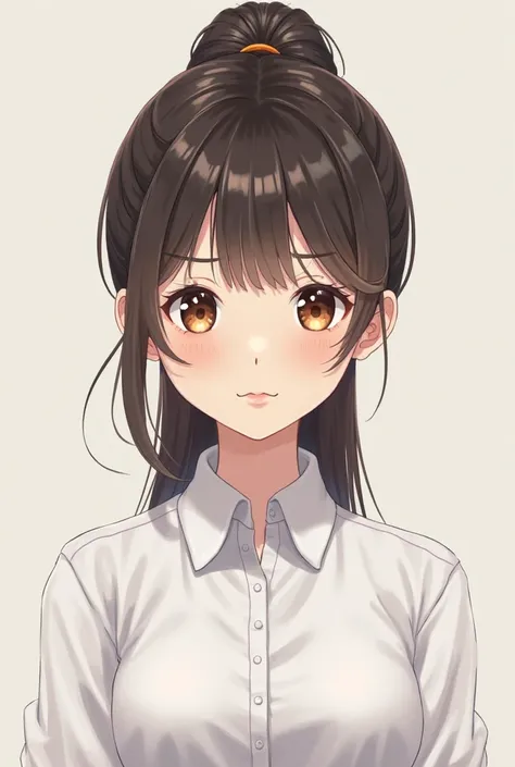 creates an image of a medium-sized girl with glasses, brown eyes, very dark brown hair tied in a high ponytail and wearing a white school shirt.