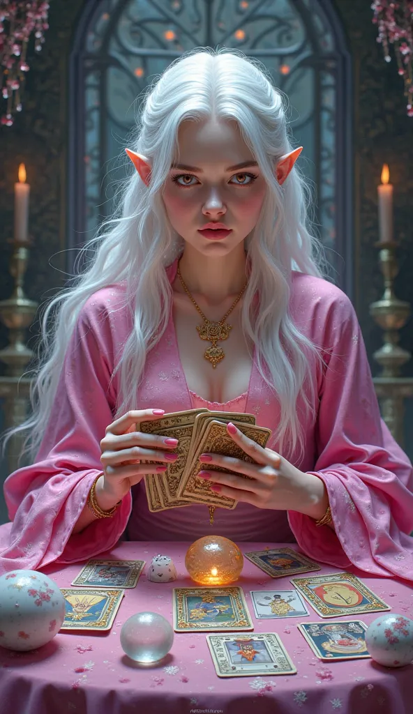  white long-haired tarot card picture of a fortune teller 。Wear a pink fortune teller costume 、 holding tarot cards and crystal balls on the table。