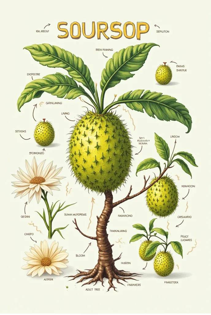 creating an image of the soursop life cycle, including the following stages: seed, germination, seedling, Young tree, Adult tree, bloom, Fruiting, harvest. IDENTIFY IT IN THE DRAWING ALL IN SPANISH THE LETTERS