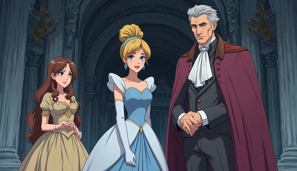 Anime-style illustration of Cinderella's father standing with his new wife and her two daughters. The stepmother, a 45-year-old clever and cruel woman with black and white hair, has a stern and unkind expression, wearing an elegant yet dark-colored dress. ...