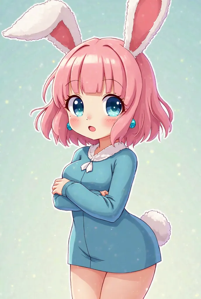 generate an image for me, anime style a cute medival bunny human character with babypink waivy short hair with straight bangs and round sparkly blue eyes, curvy body a bit big hips and with a blue tight short dress long, human with bunny tail and loose whi...