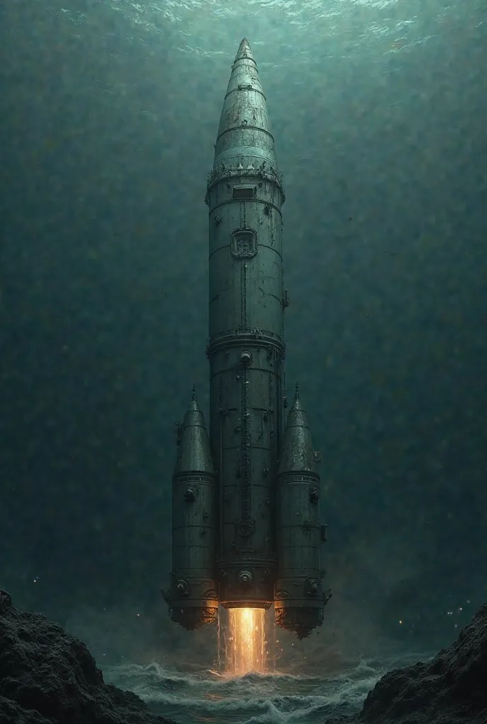 Create an image of a rocket plunged into a deep, totally dark ocean, a desolate and distressing image