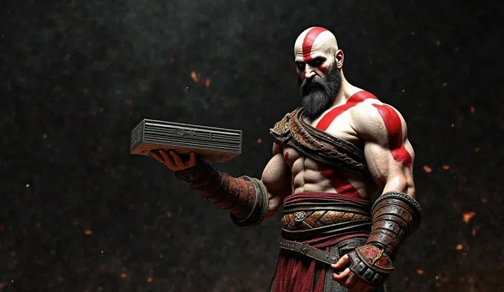 **In this captivating image, Kratos, the iconic protagonist of the *God of War* series, stands in a powerful and majestic pose. He holds a PlayStation 2 (PS2) console in his hand, symbolizing the golden era of gaming that defined countless adventures. Krat...