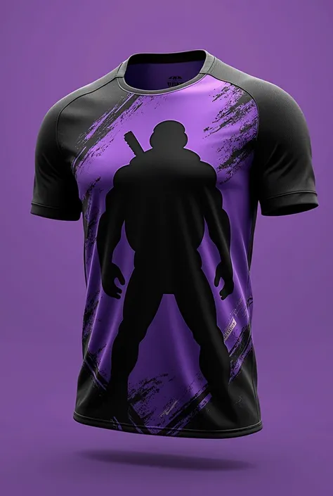 Create a purple and black soccer jersey with the silhouette of a ninja turtle 