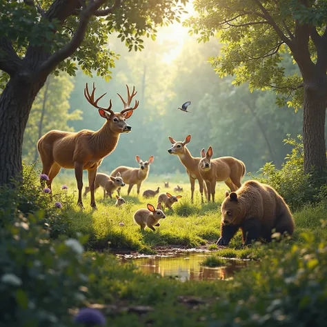 First-person POV of someone observing a gathering of various animals in a lush, open clearing. In the foreground, watching the scene unfold. Majestic deer graze peacefully, birds of vibrant colors perch on nearby branches, and a family of rabbits hops thro...