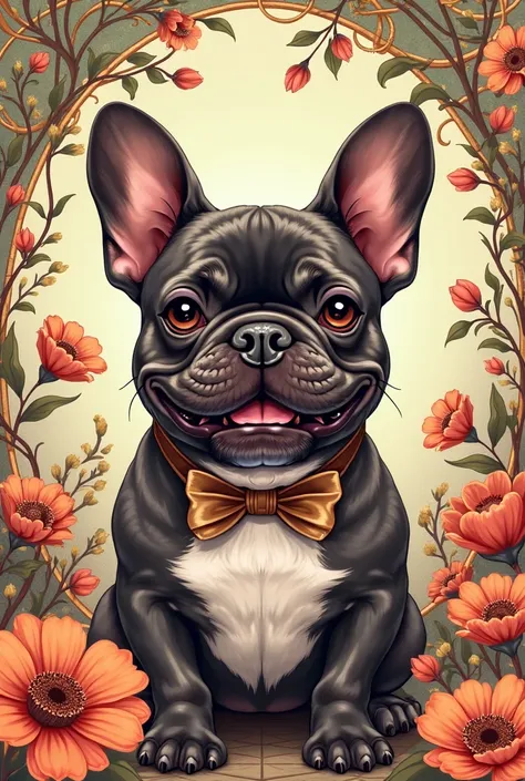 Cheerful French tabby bulldog promoting perfumes