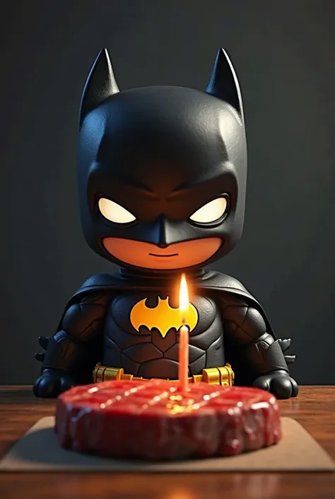 Make batman character has a friendly expression wearing a hello kitty logo in his suit,  sitting in front of  a steak with a lit candle on top, symbolizing a birthday celebration.
Make instagram profile  