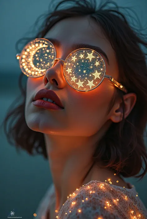 The model is wearing sunglasses with stars and the moon on the glass.