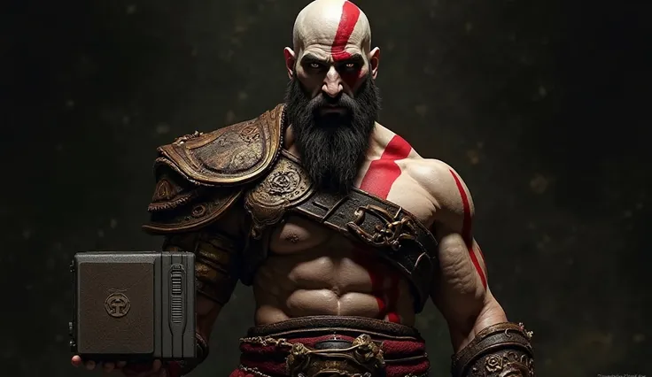 **In this captivating image, Kratos, the iconic protagonist of the *God of War* series, stands in a powerful and majestic pose. He holds a PlayStation 2 (PS2) console in his hand, symbolizing the golden era of gaming that defined countless adventures. Krat...