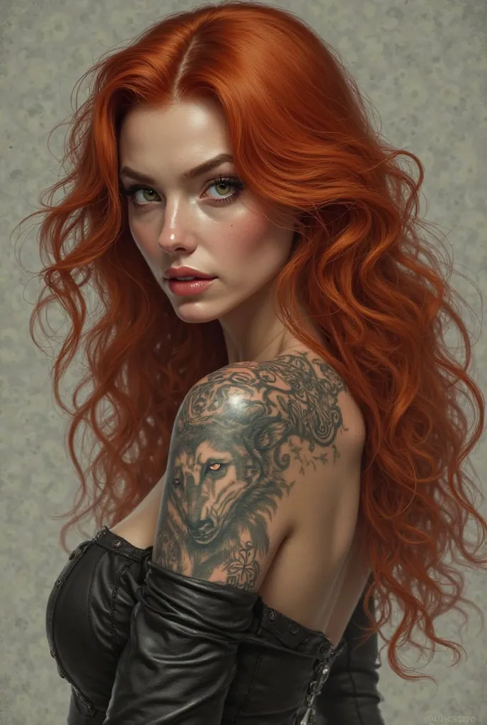 Very beautiful woman, long hair, wavy and red, Not too thin, Tattooed, with a wolf bite on the left shoulder