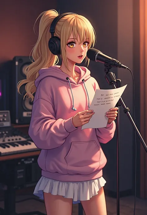 A 21-year-old blond woman , with long hair, wavy almost curly tied in a ponytail backwards, and unusual brown eyes. She wears a hoodie closed pastel pink dress and a short draped white skirt. She has large earphones in her ears and holds a paper with the l...