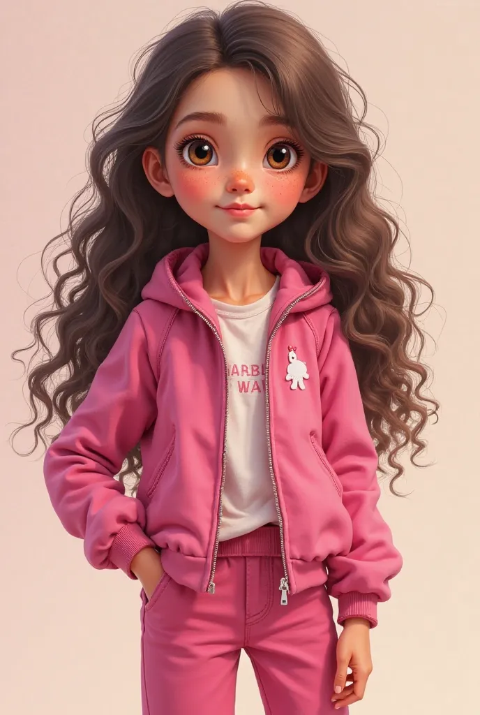 create a girl, She is 13 to , Are you wearing a pink outfit, you have long curly hair, light brown eyes, and there are slightly brown spots on your face, do it clearly and as real as possible 