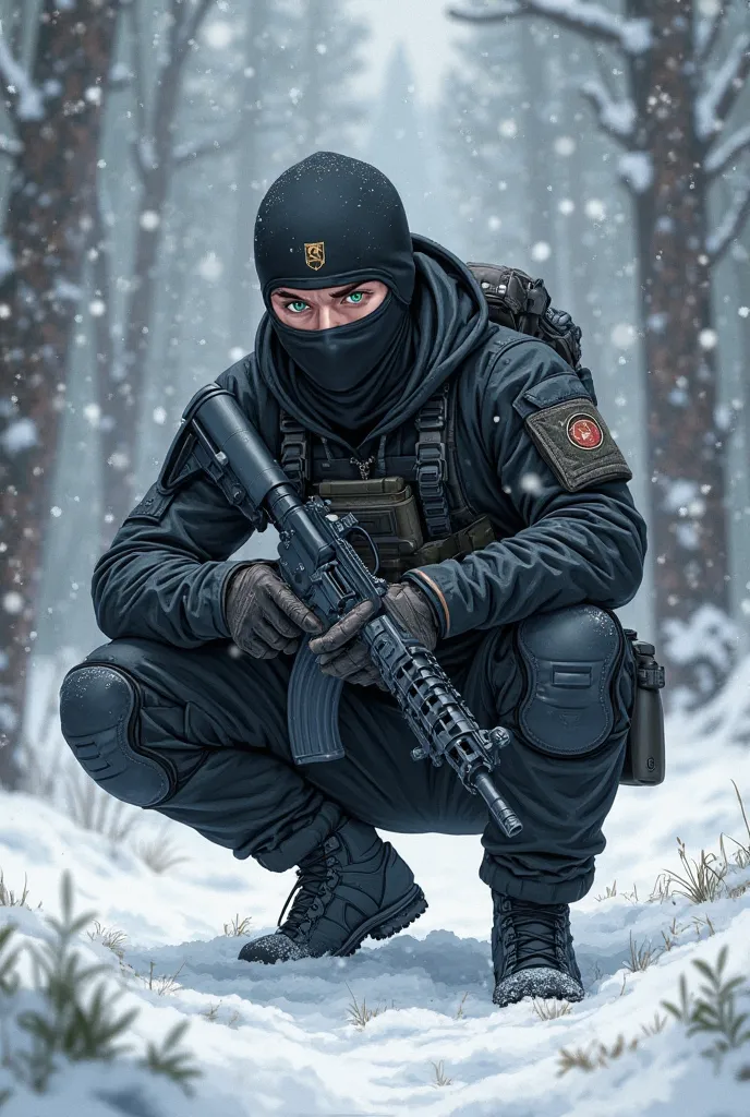 Anime-style illustration of a male soldier crouching in a snowy forest during a blizzard. He wears a black balaclava, revealing only his intense green eyes. A black tactical helmet sits firmly on his head. His attire consists of a black tactical jacket, bl...