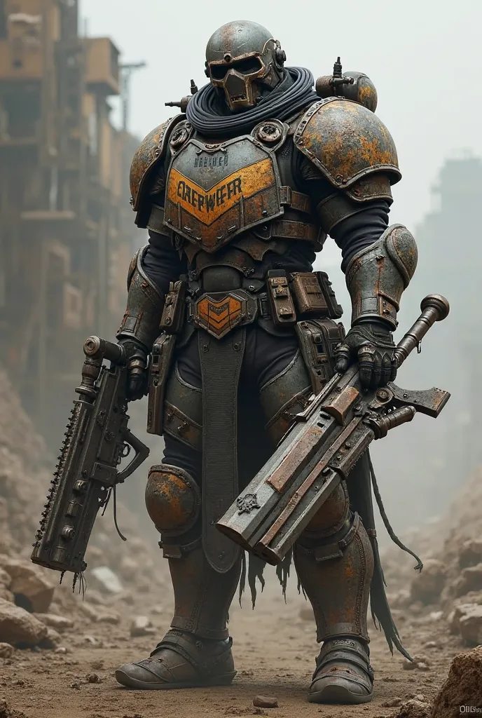 a fighter in a body armor with armor and weapons similar to the weapons from the books and games stalker, on the chest of the suit there is a chevron with the inscription bury.
