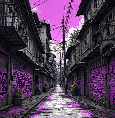 Favela background with purple graffiti, Designed as an anime , everything in black and white except the graphite in strong purple